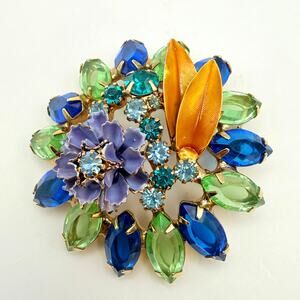 Vtg Unsigned Alice Caviness Floral Rhinestone Brooch Blue Green Purple Orange